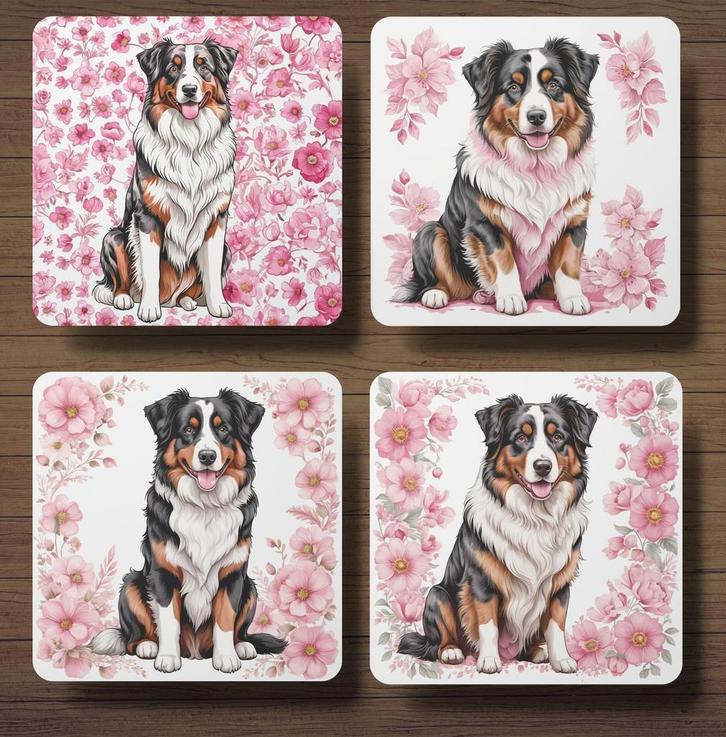 Delfts Roze Australian Shepherd onderzetters met houder, Huis en Inrichting, Woonaccessoires | Onderzetters, Nieuw, Glas of Kopje