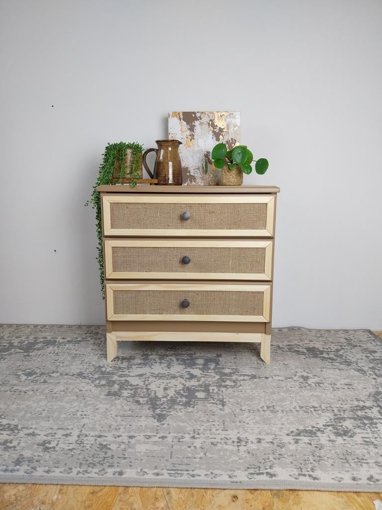 Kastje met 3 lades met jute details, Vintage, Zo goed als nieuw, 3 of 4 laden, Minder dan 100 cm