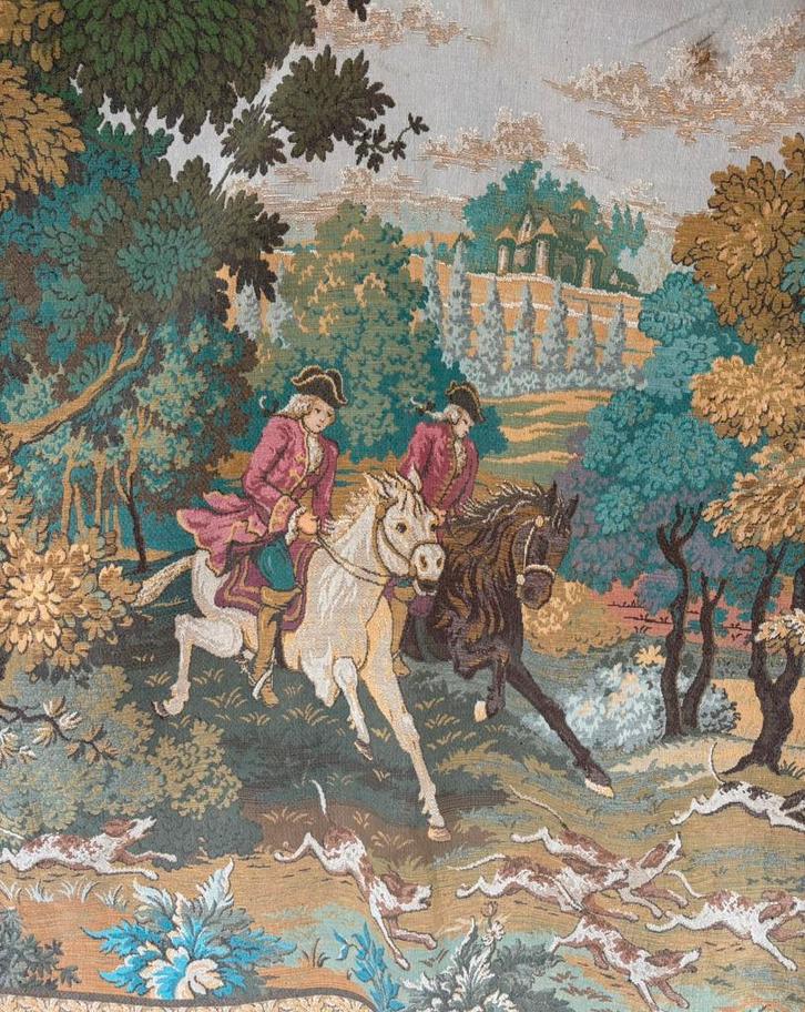 Antiek vintage aubusson gobelin wandkleed jachttafereel, Antiek en Kunst, Antiek | Kleden en Textiel, Ophalen of Verzenden