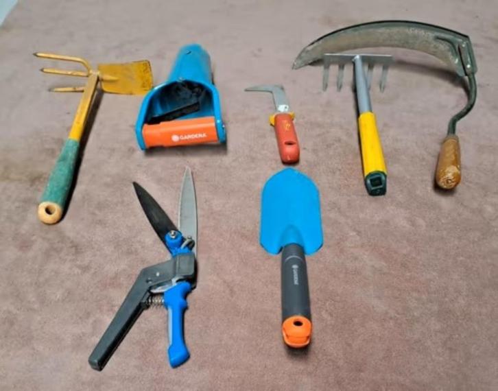 7-delige set klein tuingereedschap o.a. Gardena & Wolf, Tuin en Terras, Hand-tuingereedschap, Gebruikt, Overige soorten, Ophalen of Verzenden