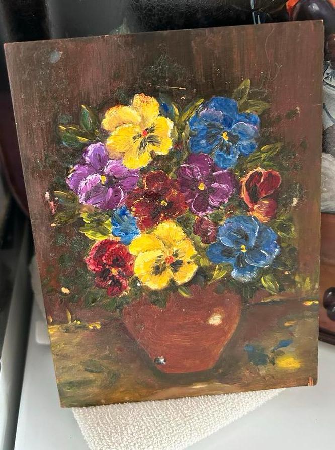 Vintage antiek klein viooltjes schilderijtje eiken paneel, Antiek en Kunst, Kunst | Schilderijen | Klassiek, Ophalen of Verzenden