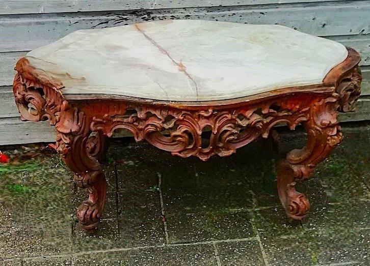 Vintage houten tafel met onyx blad, Huis en Inrichting, Tafels | Salontafels, Gebruikt, 50 tot 75 cm, 50 tot 100 cm, 100 tot 150 cm