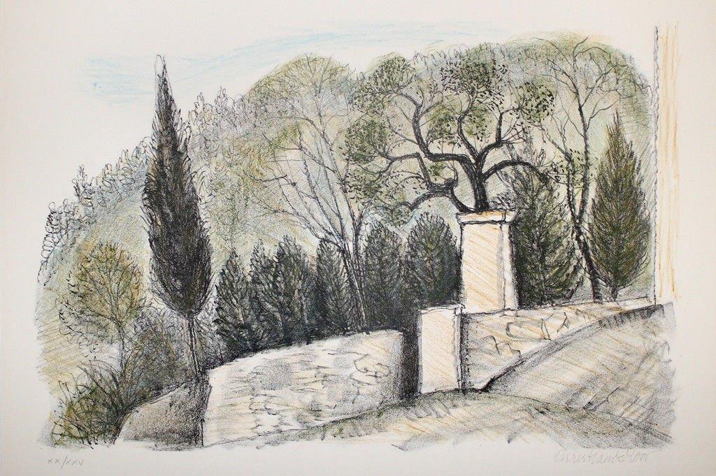 Chris de Moor (1899) Zeefdruk " Landschap en Muur " Ges Gen, Ophalen of Verzenden