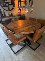 Mooie ronde eethoektafel met 6 stoelen, Ophalen of Verzenden, Zo goed als nieuw, Industrieel, 4 tot 6 stoelen