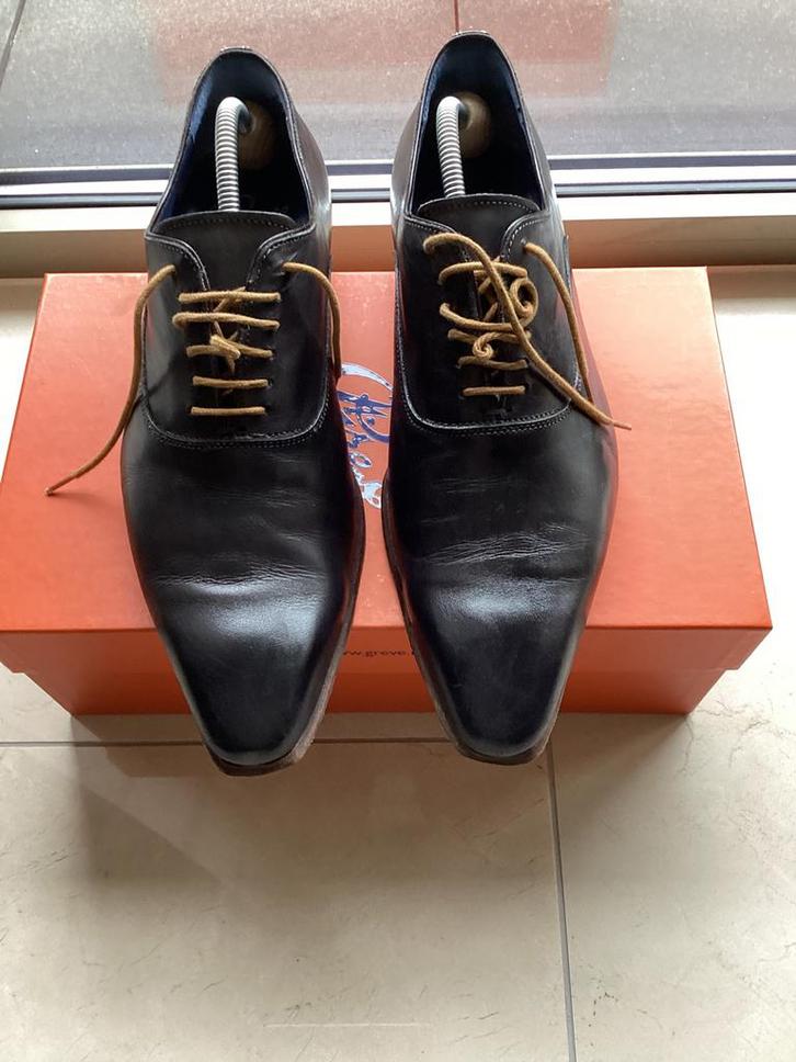 Greve gladleren veterschoen. Carbon/donkerbruin. Maat 9 (43), Kleding | Heren, Schoenen, Zo goed als nieuw, Veterschoenen, Bruin