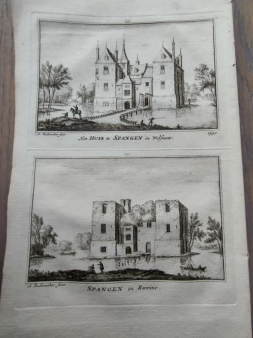 139/ 140 Spangen het Huis in Schieland Kopergravure 18e Eeuw, Antiek en Kunst, Kunst | Etsen en Gravures, Ophalen of Verzenden