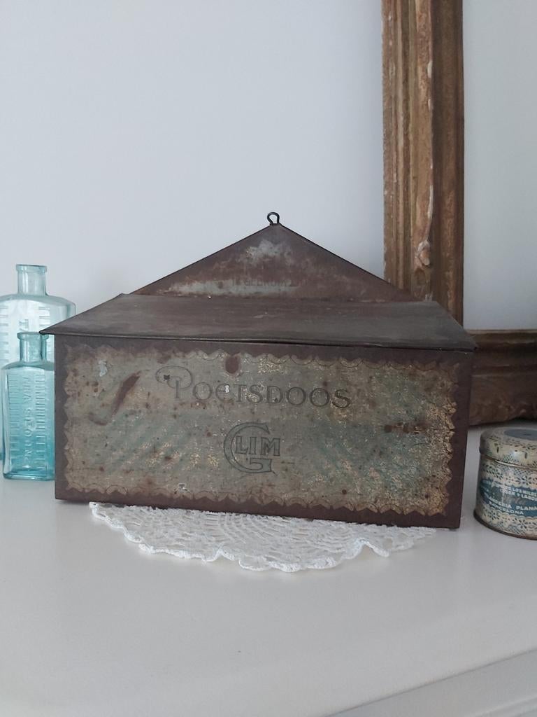 Prachtig oud brocante blik glim schoenpoets blauwe letters, Antiek en Kunst, Antiek | Spiegels, Minder dan 50 cm, Ophalen of Verzenden