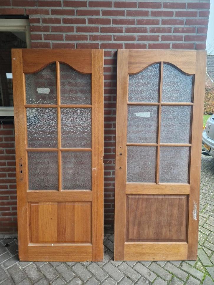 Antieke houten deuren met gehamerd glas, Doe-het-zelf en Verbouw, Deuren en Horren, Gebruikt, Binnendeur, 200 tot 215 cm, Glas