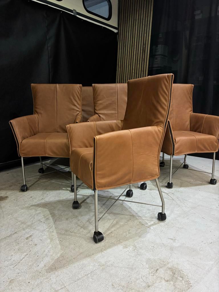 6 Montis Chaplin stoelen - Als nieuw - Rancho leer, Huis en Inrichting, Ophalen, Bruin, ., Leer