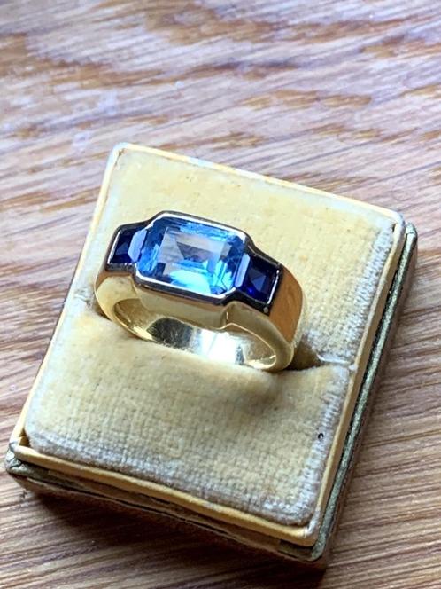 Zwaar vergulde sterling zilveren ring met topaas en saffier, Sieraden, Tassen en Uiterlijk, Ringen, Zo goed als nieuw, Dame, 17 tot 18