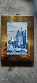Delfts blauw tegeltableau met kasteel in kopere lijst, Ophalen of Verzenden