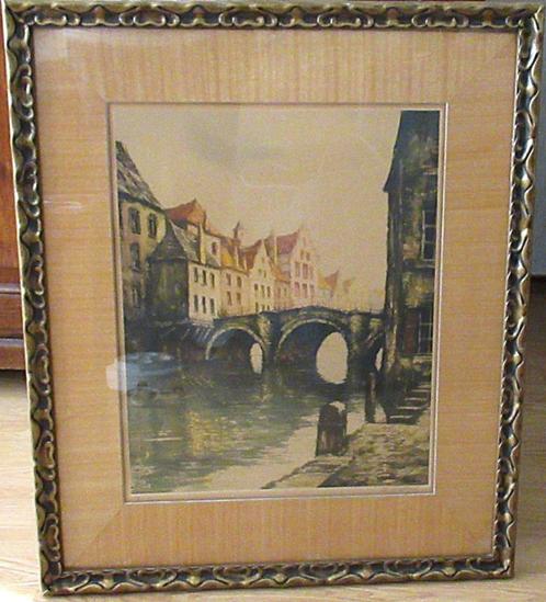Antiek kleurenlitho kunstwerk onder glas, 72 x 62 (cm)., Antiek en Kunst, Kunst | Schilderijen | Klassiek, Ophalen