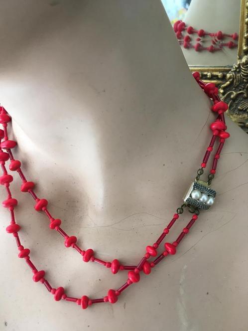 Vintage antieke rode glaskralen ketting collier parel slotje, Sieraden, Tassen en Uiterlijk, Antieke sieraden, Ketting, Overige materialen