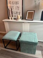 Set van 2 blauwgroene velvet poefjes + deken, Ophalen, Zo goed als nieuw, Rond