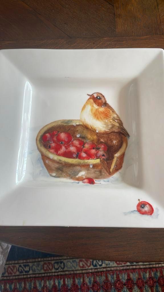 Handbeschilderde schotel - Roodborstje, Diversen, Kerst, Nieuw, Ophalen of Verzenden