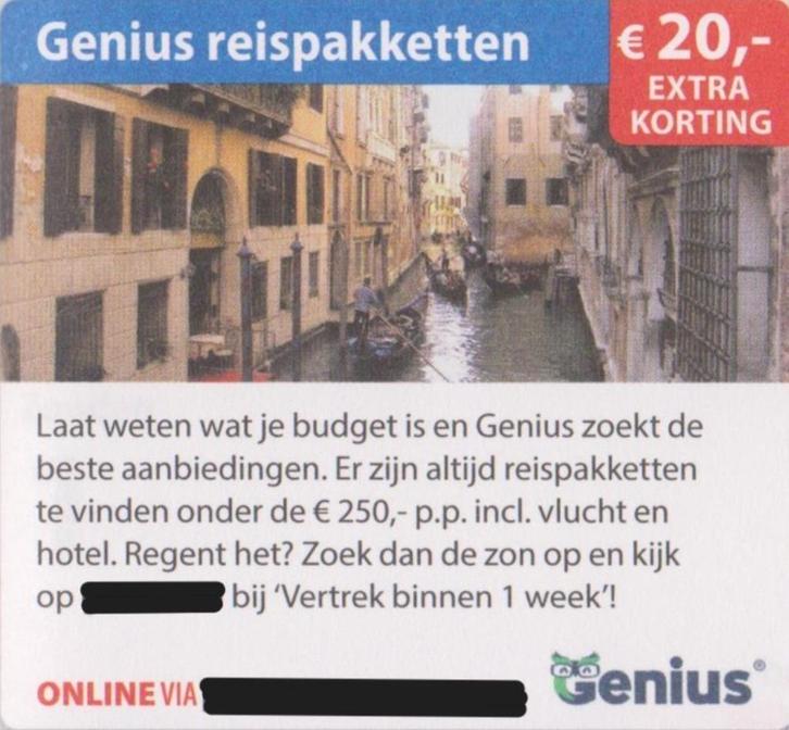 Genius reispakketen € 20,- extra korting Postcodeloterij bon, Tickets en Kaartjes, Hotelbonnen, Drie personen of meer, 3 overnachtingen of meer