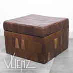 Vintage, retro vierkante poef, lapjespoef, opbergkist leer, Ophalen, Huis en Inrichting