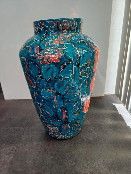 Grote handbeschilderde glazen vaas petrol 40 cm nieuw, Huis en Inrichting, Woonaccessoires | Vazen, Nieuw, Overige kleuren, Minder dan 50 cm