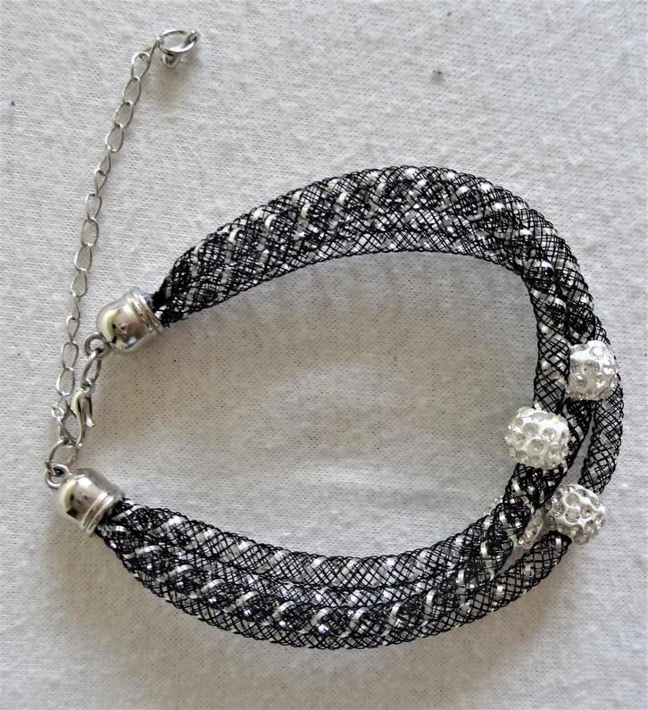 Mesh armband zwart + zilver-kleur + schuifkralen strass wit, Sieraden, Tassen en Uiterlijk, Armbanden, Nieuw, Zwart, Met bedels of kralen