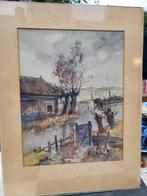 Aquarel Schilderij - Landschap met Boerderij, Gesigneerd, Ophalen of Verzenden