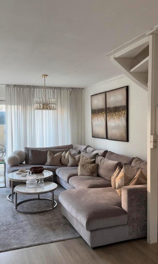 U- bankstel in kleur greige 100% ganzen dons, Huis en Inrichting, Banken | Complete zithoeken, Zo goed als nieuw, Stof, Ophalen