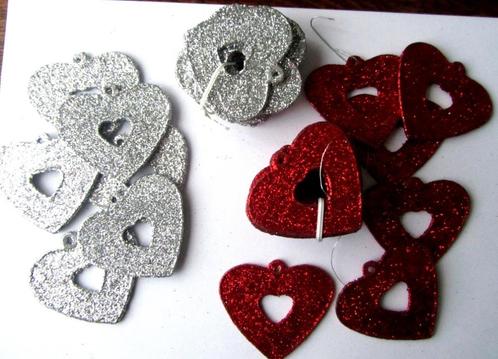 Set van 46 Vintage hart kerst hangers dubbelzijdig glitter, Diversen, Kerst, Zo goed als nieuw, Verzenden