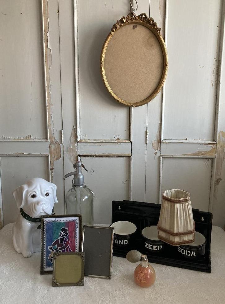 Brocante Hondenbeeld / Zand - Zeep - Soda houder / fotolijst, Antiek en Kunst, Curiosa en Brocante, Ophalen of Verzenden