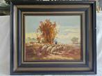 Schilderij olieverf op doek "Herder met schaapskudde" SCH25, Ophalen of Verzenden