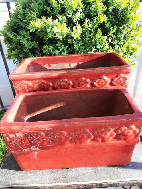 Set plantenbakjes - rood, Tuin en Terras, Bloempotten, Zo goed als nieuw, Aardewerk, Balkon, Tuin, Minder dan 25 cm, Rond, Ophalen