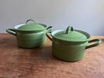 Emaille reseda groene pannenset met gouden bies, Antiek en Kunst, Ophalen of Verzenden