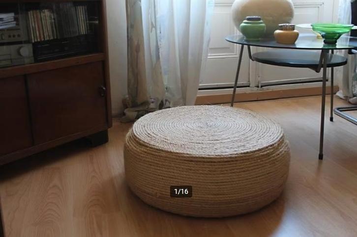 Stoere ronde poef touw tafeltje bijzettafel band 60 cm  R., Huis en Inrichting, Banken | Voetenbanken en Poefen, Gebruikt, 50 tot 75 cm