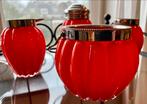 Vierdelig  thee/roomstel in rood glas met parelrand, Antiek en Kunst, Antiek | Glas en Kristal, Ophalen of Verzenden