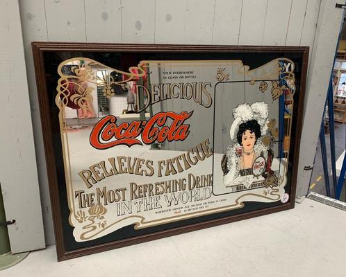 Grote Coca Cola spiegel met houten lijst - vintage retro, Huis en Inrichting, Woonaccessoires | Spiegels, Gebruikt, 75 tot 100 cm