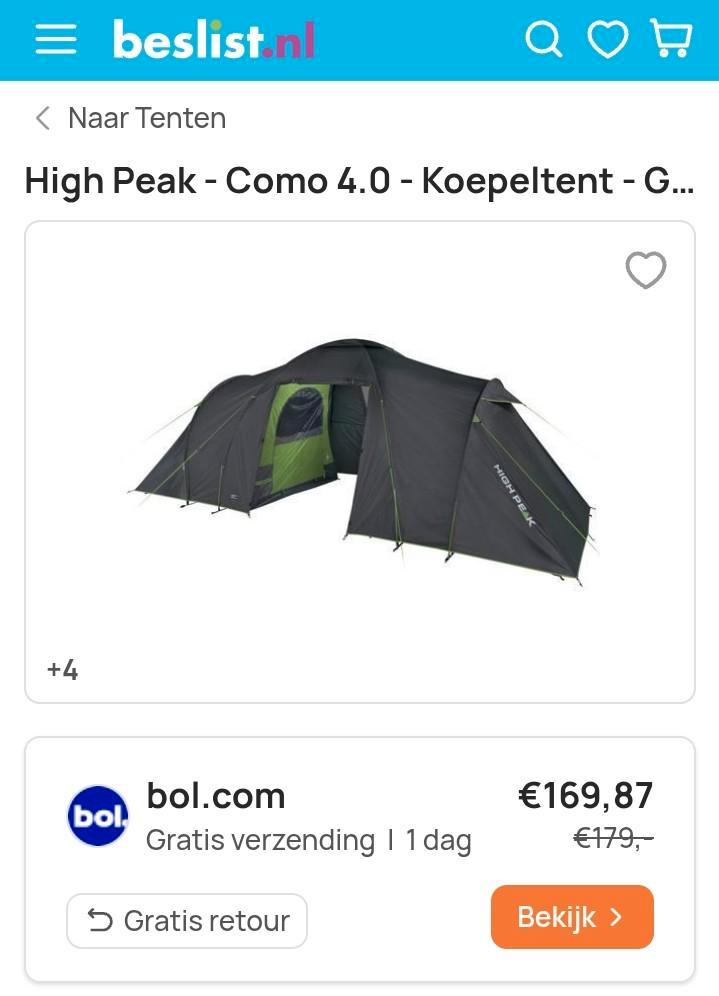 NIEUW! High Peak Como 4.0 Koepeltent NIEUW!, Caravans en Kamperen, Tenten, tot en met 4, Nieuw, Ophalen of Verzenden