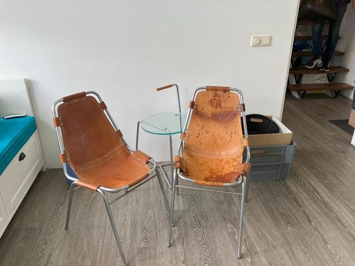 Twee Les Arc stoeltjes, Huis en Inrichting, Stoelen, Gebruikt, Twee, Leer, Metaal, Bruin, Ophalen