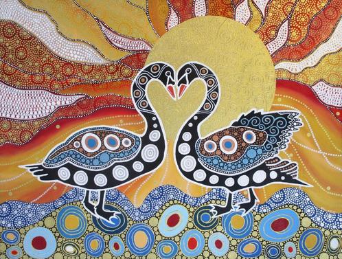 Twee mooie zwanen handgeschilderd, Antiek en Kunst, Kunst | Schilderijen | Modern, Ophalen of Verzenden