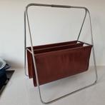 Vintage tijdschriftenhouder krantenbak metaal bruin leer, Ophalen of Verzenden, Gebruikt