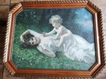 Moeder met kind. Ca 1900. Chromolithografie. 85/67 cm.  beschikbaar voor biedingen