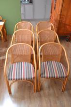 6  vintage bamboe eetkamerstoelen; Rohe, ploegstof, Ophalen, Bruin, Stof, Vijf, Zes of meer stoelen