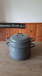 EMAILLE GRIJSGEWOLKTE STOOMPAN DIAMETER 24CM., Antiek en Kunst, Antiek | Emaille, Ophalen of Verzenden