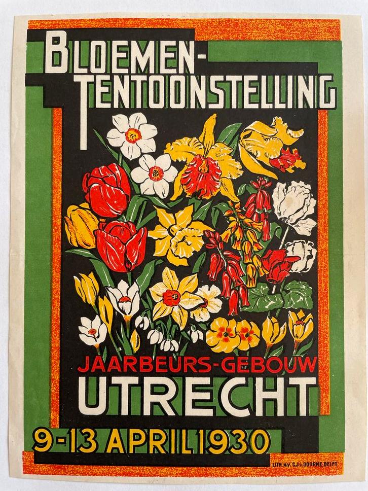 Bloemententoonstelling Utrecht 1930 Litho-Affiche Flyer Orig, Antiek en Kunst, Kunst | Litho's en Zeefdrukken, Ophalen of Verzenden