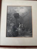 Oude Prent met Kruisbeeld en Figuren, Antiek en Kunst, Ophalen of Verzenden