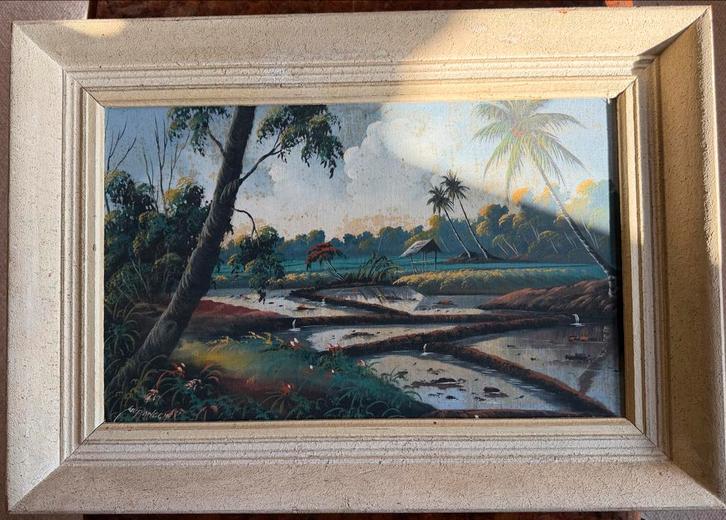 Prachtig Schilderij met Tropisch Landschap, Antiek en Kunst, Kunst | Schilderijen | Klassiek, Ophalen of Verzenden