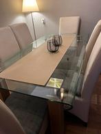 Eettafel leer stoelen en salontafel, Ophalen, Zo goed als nieuw, 4 tot 6 stoelen