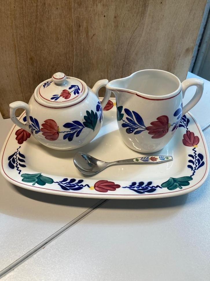 Boerenbont roomstel incl. suikerlepel, Antiek en Kunst, Antiek | Servies los, Verzenden