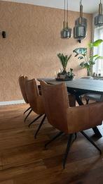 Leren eetkamerstoelen - set van 3, Huis en Inrichting, Ophalen, Gebruikt, Bruin, Metaal
