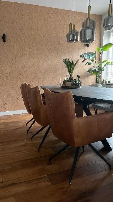 Leren eetkamerstoelen - set van 3, Huis en Inrichting, Stoelen, Gebruikt, Vier, Leer, Metaal, Bruin, Ophalen