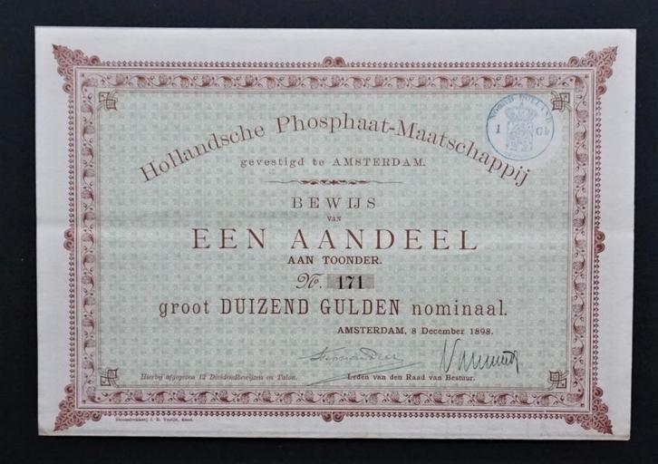 Hollandsche Phosphaat Maatschappij (Florida/USA) 1898, Postzegels en Munten, Aandelen en Waardepapieren, Aandeel, Voor 1920, Verzenden