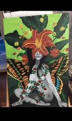 Handgeschilderd Schilderij - Vrouw met Vlinder Vleugel, Antiek en Kunst, Ophalen of Verzenden