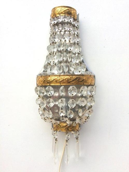 Vintage wandlamp met pendels * Hollywood Regency *, Huis en Inrichting, Lampen | Wandlampen, Zo goed als nieuw, Glas, Metaal, Verzenden